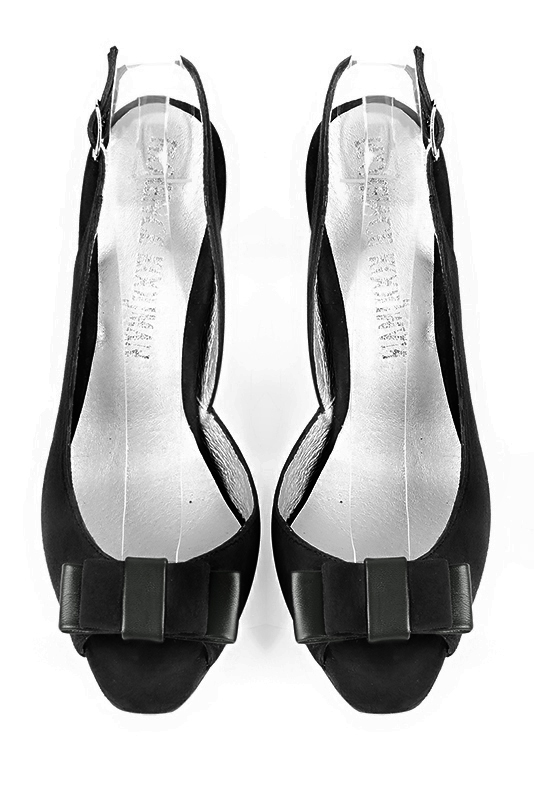 Matt black women's slingback sandals. Round toe. High wedge heels. Top view - Florence KOOIJMAN